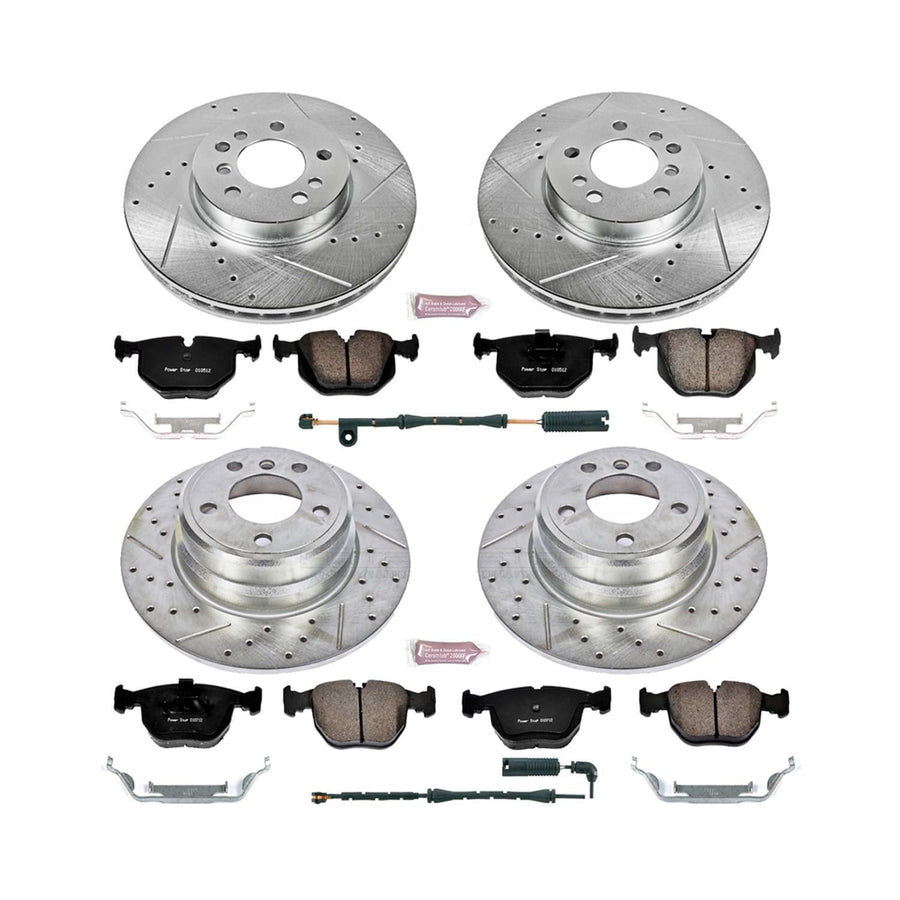 Power Stop K5718 Z23 Carbon Fiber Brake Pads Front and Rear with Drilled & Slotted Brake Rotors Kit and 1 Front & 1 Rear Sensor Wires For BMW X5 2000-2006 [Model Specific]