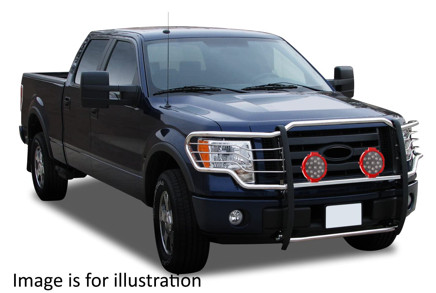 Bumper Guard Black Horse Grille brush Modular Stainless Steel Come With pair of 7.0"Dia.LED Lights with Red Trim Rings Compatible with 2015-2024 Ford F-150-17FP32MSS-PLR