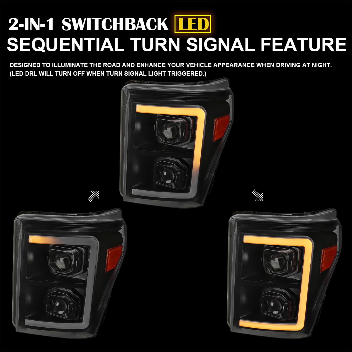 Black SPEC-D TUNING Projector Headlights w/Switchback Sequential LED Bar and Startup Animation Compatible with 2011-2016 Ford F250, F350, F450, F550 Super Duty, Left + Right Pair Headlamps Assembly