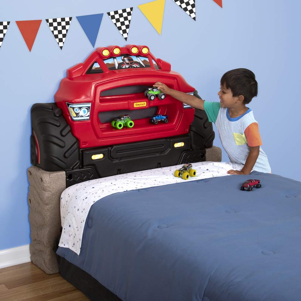 Monster Truck Simplay3 Headboard, Twin Size Plastic Car Bed Headboard for Kids, Toddlers and Boys with Toy Car Storage - Red, Made in USA