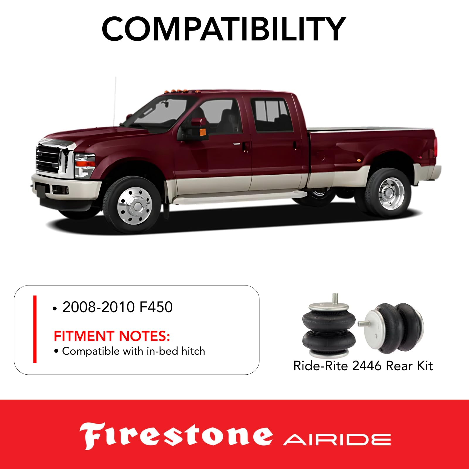 Firestone 2446 Ride-Rite Airide Rear Air Springs Kit fits 2008-2010 F450 | 5-100 PSI | No Drill Installation | Load Capacity of 5,000 Pounds | Enhances Brake Effectiveness