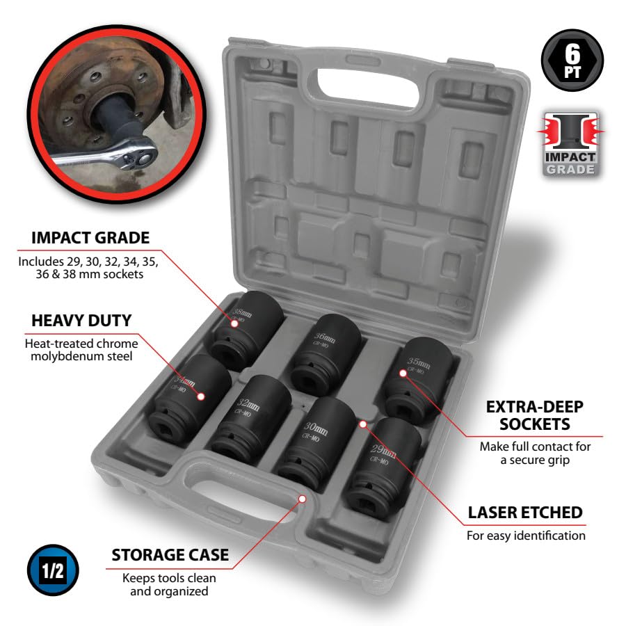 Axle Nut Socket Set Performance Tool W89323, 1/2" Drive (7 Pieces) - Chrome Molybdenum Steel, Extra-Deep Sockets, Fits Various Domestic and Import Vehicles, Storage Case Included