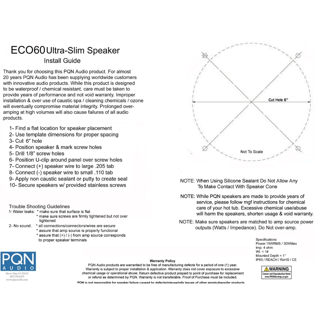 Eco60-4BK PQN Audio 6 inch Ultra Slim Waterproof Marine Speaker for RV, Camper, Cabinet and Golf Carts. Chemical and UV Resistant. Wall and Floor Mount Outdoor Speakers