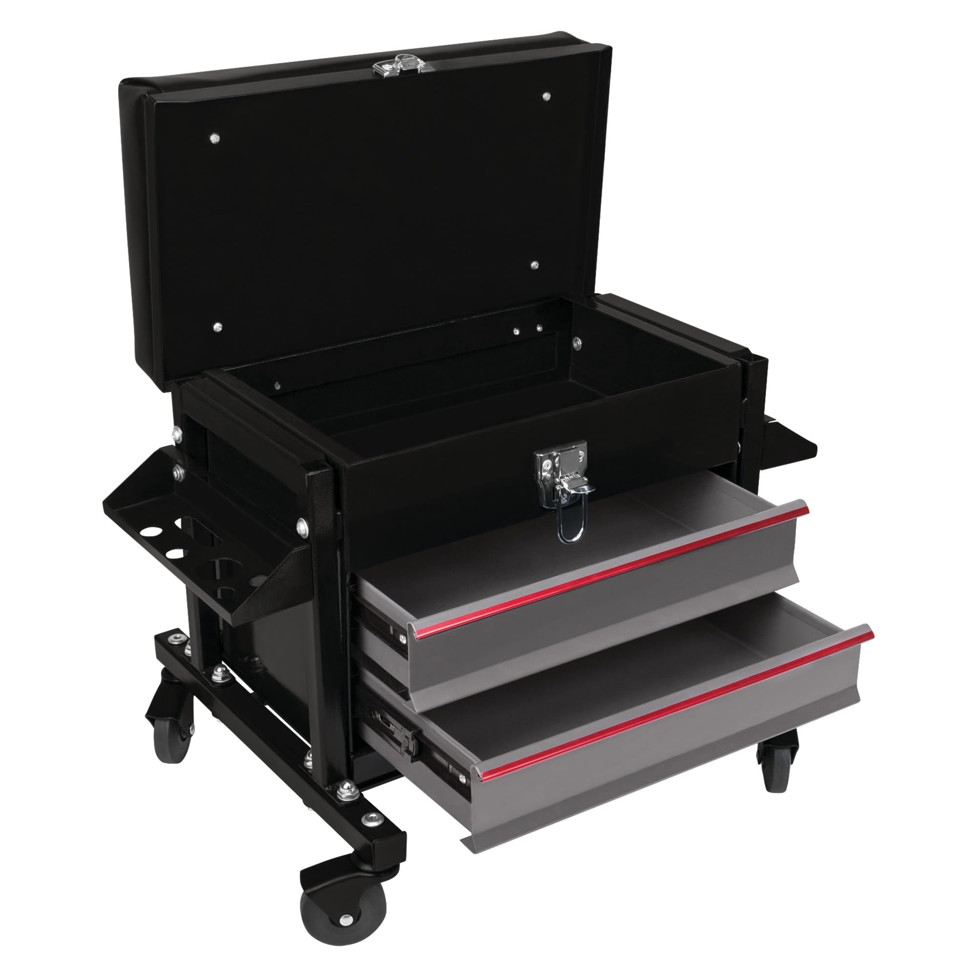 W85024 Performance Tool Drawer Creeper Rolling Work Seat with Tool Box for Mechanic Garages and Workshops, Black, 16x9-inch Seat