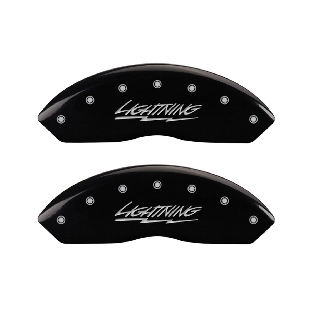SET OF 4 CALIPER COVERS, LIGHTNING, FRONT AND REAR: BLACK, SILVER CHARACTERS
