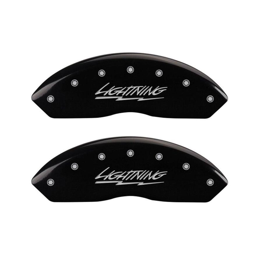 SET OF 4 CALIPER COVERS, LIGHTNING, FRONT AND REAR: BLACK, SILVER CHARACTERS