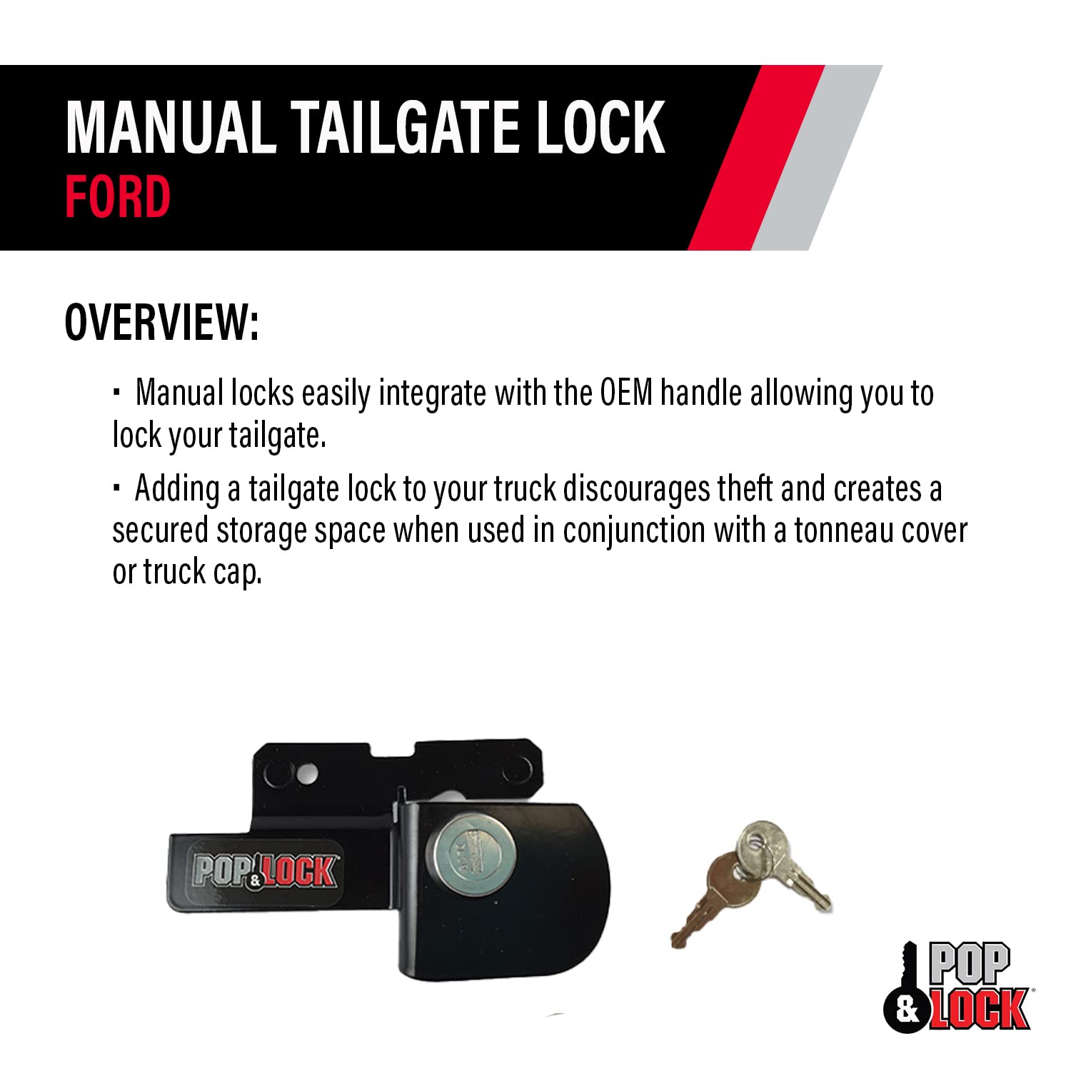 Manual Tailgate Lock Pop & Lock PL2500 Black for Ford (Works Without Factory Lock)