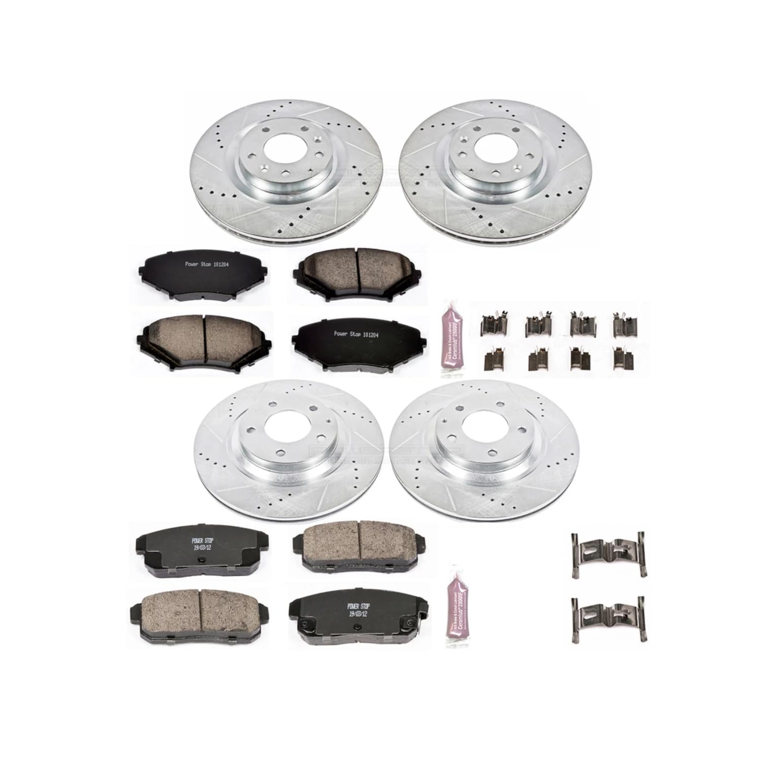 Power Stop K2727 Z23 Carbon Fiber Brake Pads with Front and Rear Drilled & Slotted Brake Rotors Kit For Mazda RX-8 2004-2011 [Model Specific]