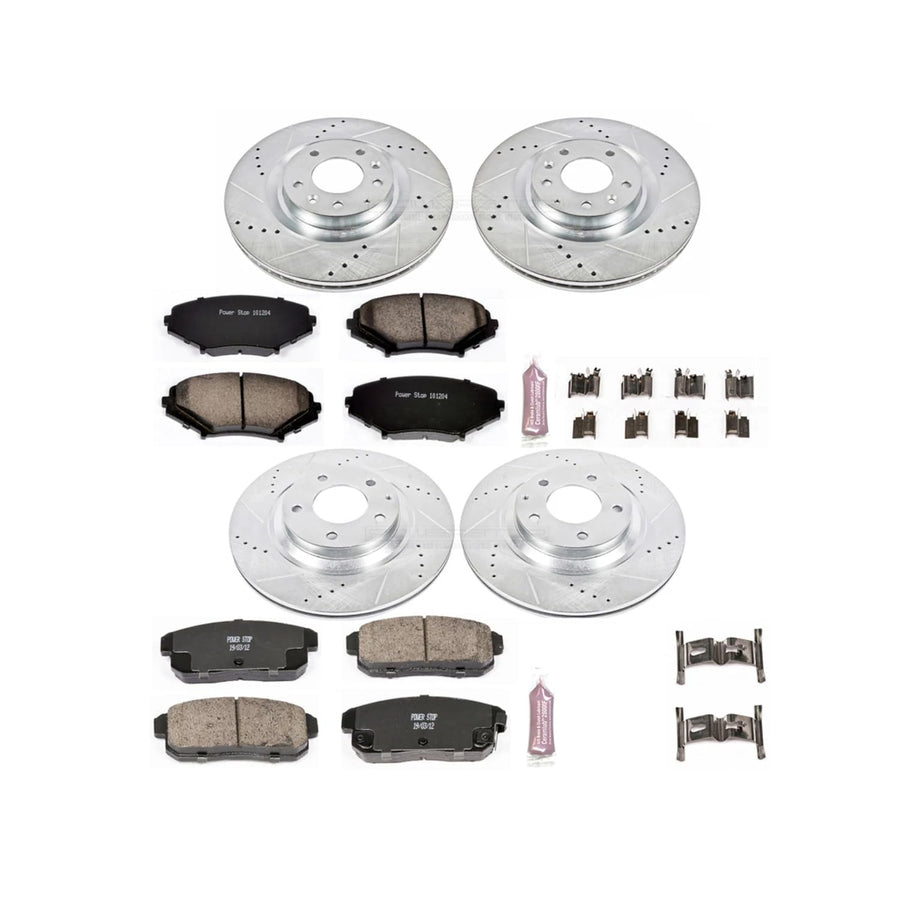 Power Stop K2727 Z23 Carbon Fiber Brake Pads with Front and Rear Drilled & Slotted Brake Rotors Kit For Mazda RX-8 2004-2011 [Model Specific]