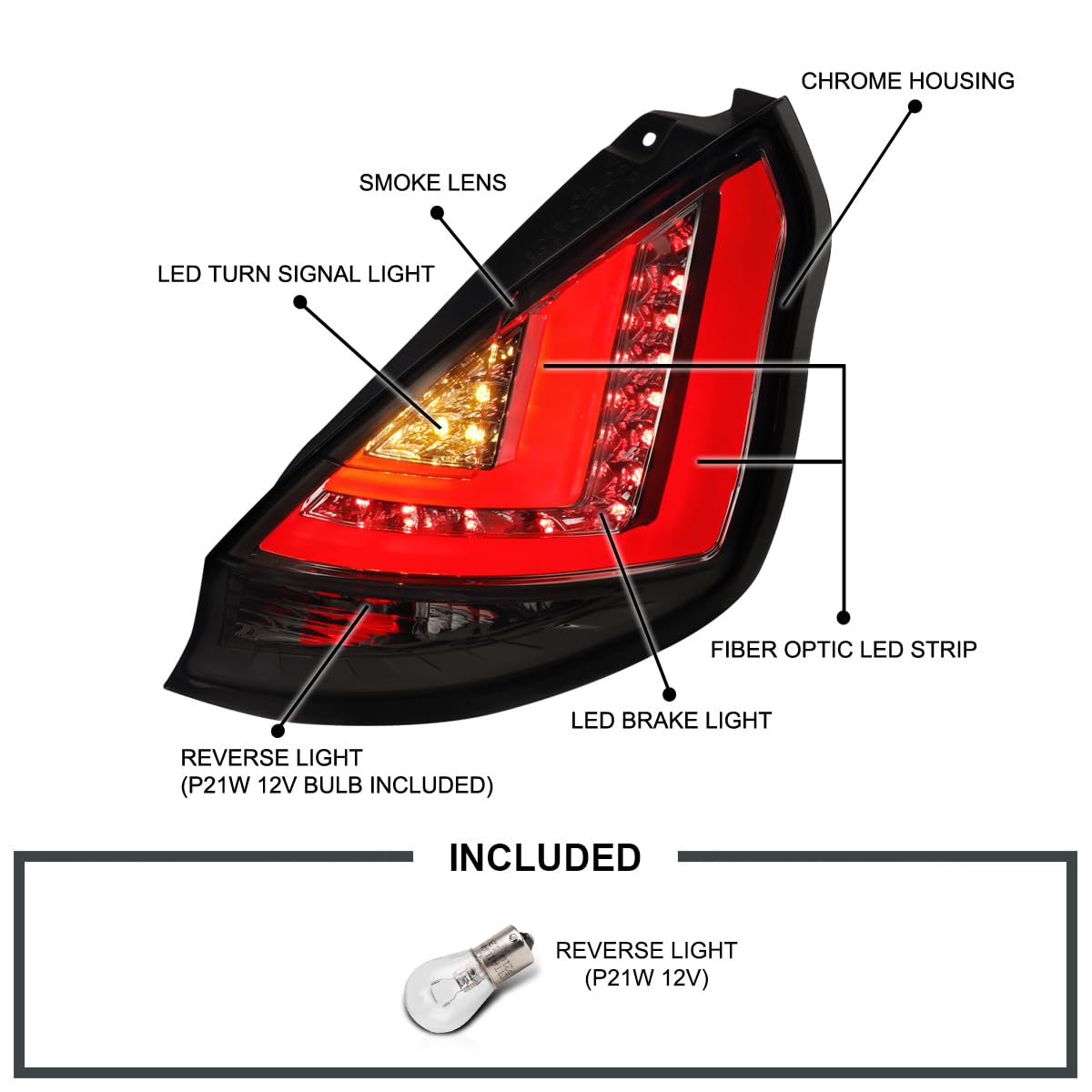 Smoke Tail Lights w/LED Tube SPEC-D TUNING Compatible with 2014-2019 Ford Fiesta Hatchback, Left + Right Assembly