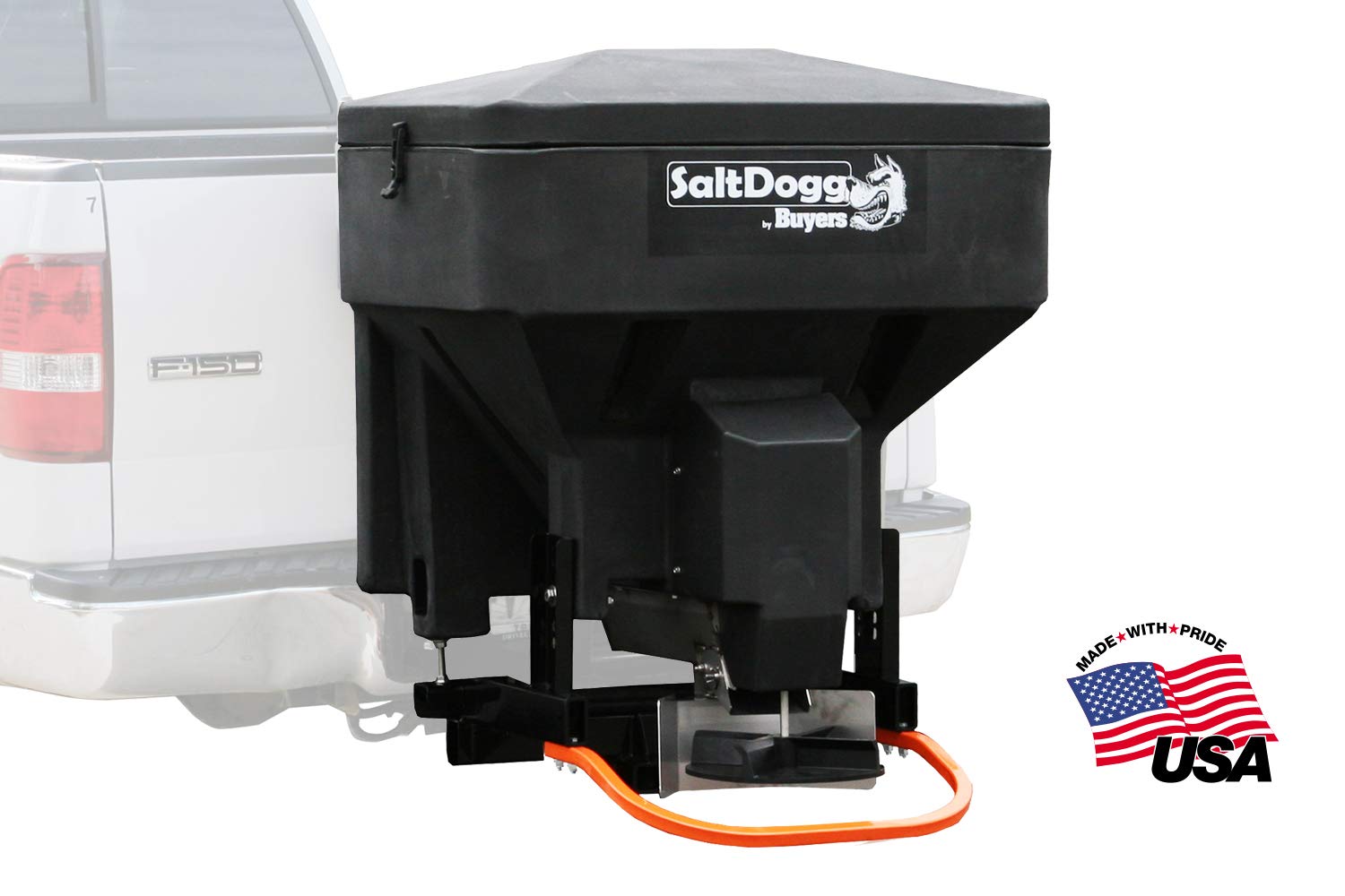 SaltDogg Buyers Products TGS03 Tailgate Salt Spreader, Made In The USA, 8 cu ft/600 lb Capacity, Horizontal Auger Feed, Commercial Salt Spreader For Truck Tailgate, Receiver Hitch Mount