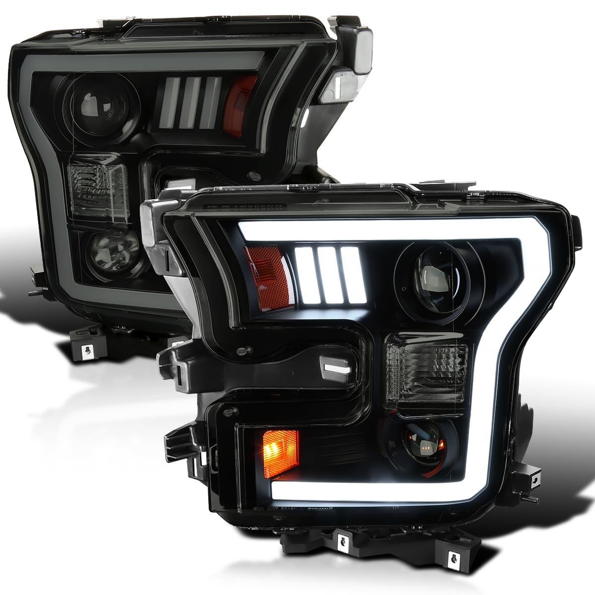 Black Smoke SPEC-D TUNING Projector Headlights w/LED Light Bar Compatible with 2015-2017 Ford F-150, Left + Right Pair Headlamps Assembly