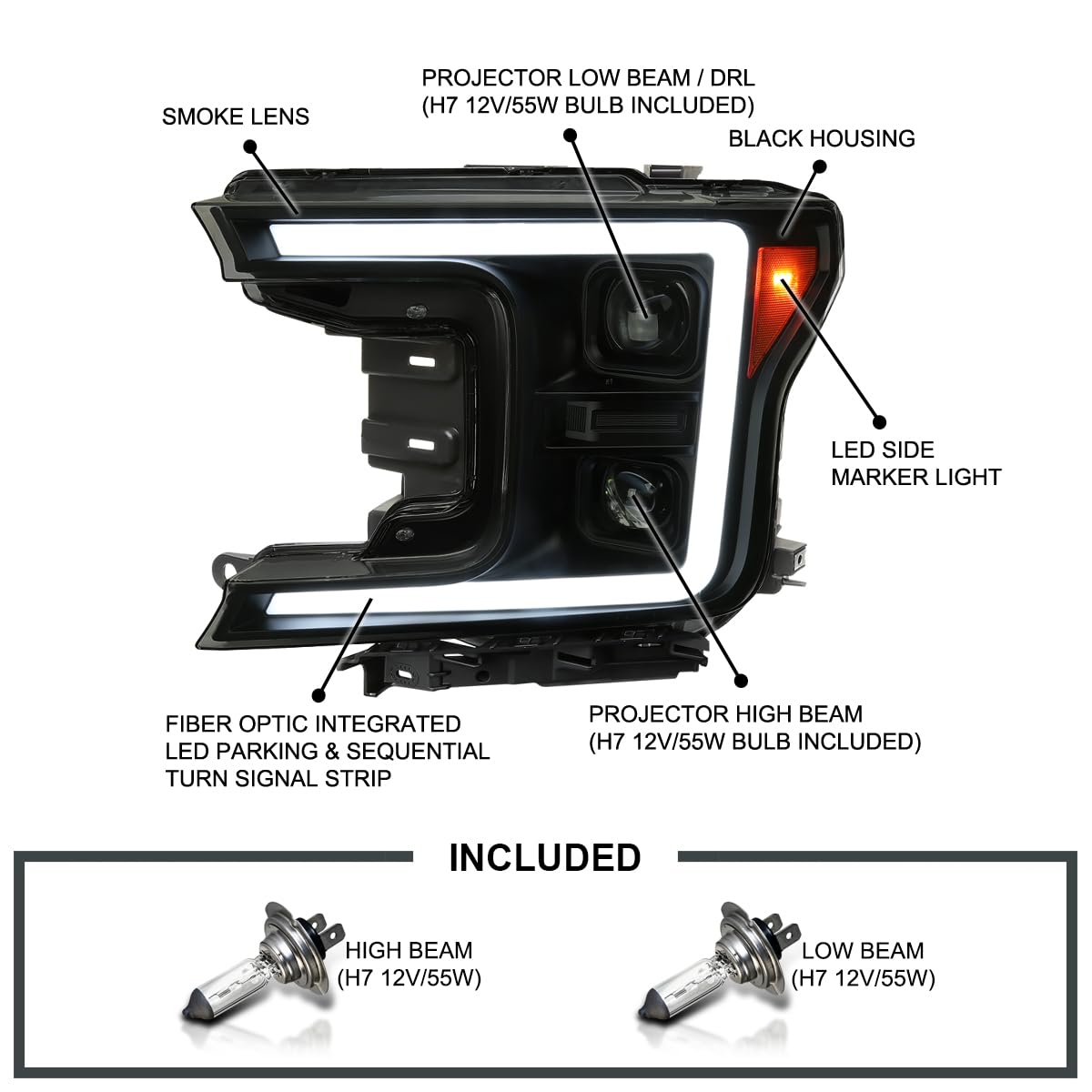 Black Smoke SPEC-D TUNING Sequential Switchback Projector Headlights w/LED Light Bar Compatible with 2018-2020 Ford F-150, Left + Right Pair Headlamps Assembly