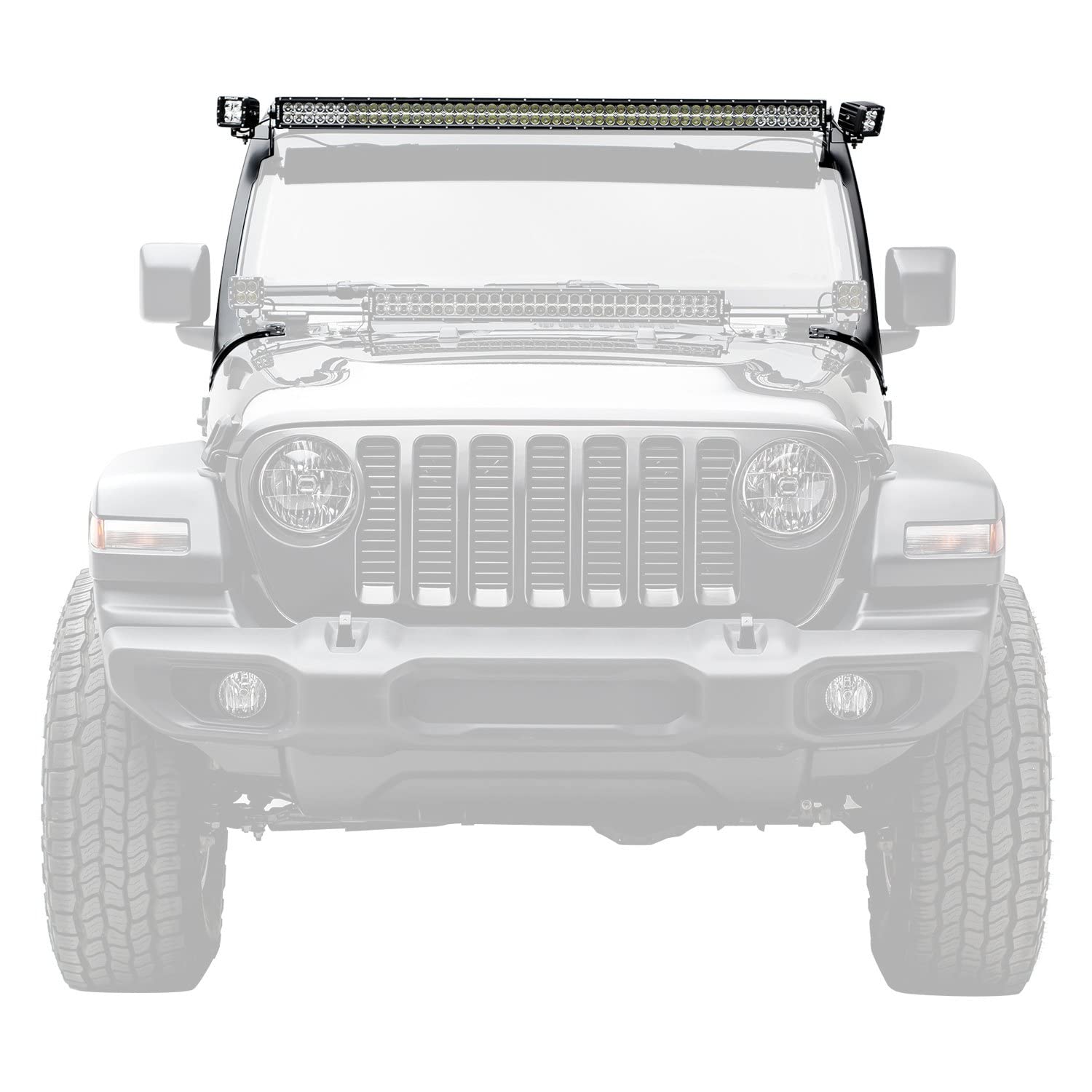 Jeep JL, Gladiator T-Rex Front Roof LED Kit with (1) 50 Inch LED Straight Double Row Light Bar and (2) 3 Inch LED Pod Lights - PN #Z374831-KIT2