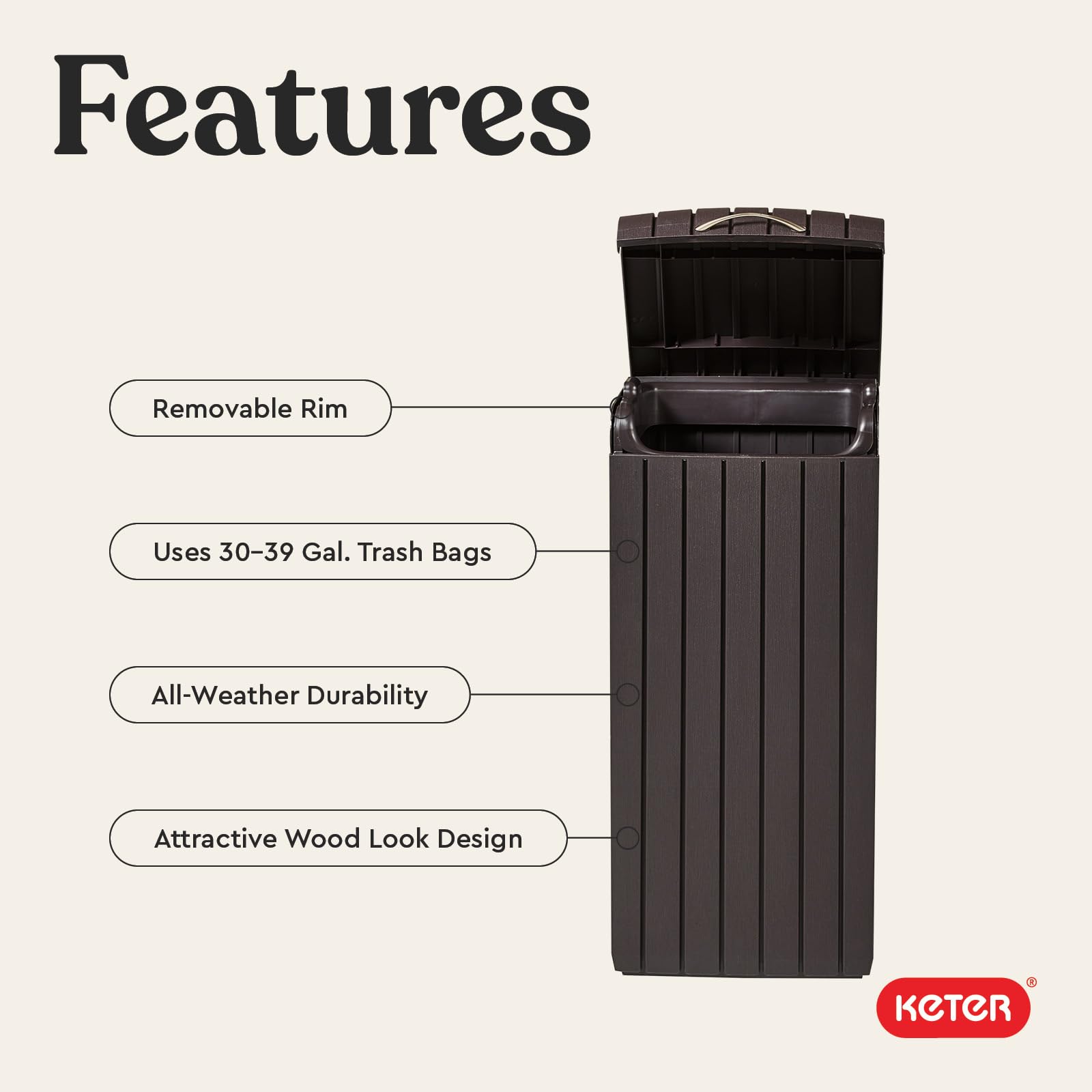 Keter 32 Gallon Copenhagen Resin Large Trash Can with Lid for Patio and Outdoor Kitchen, Brown