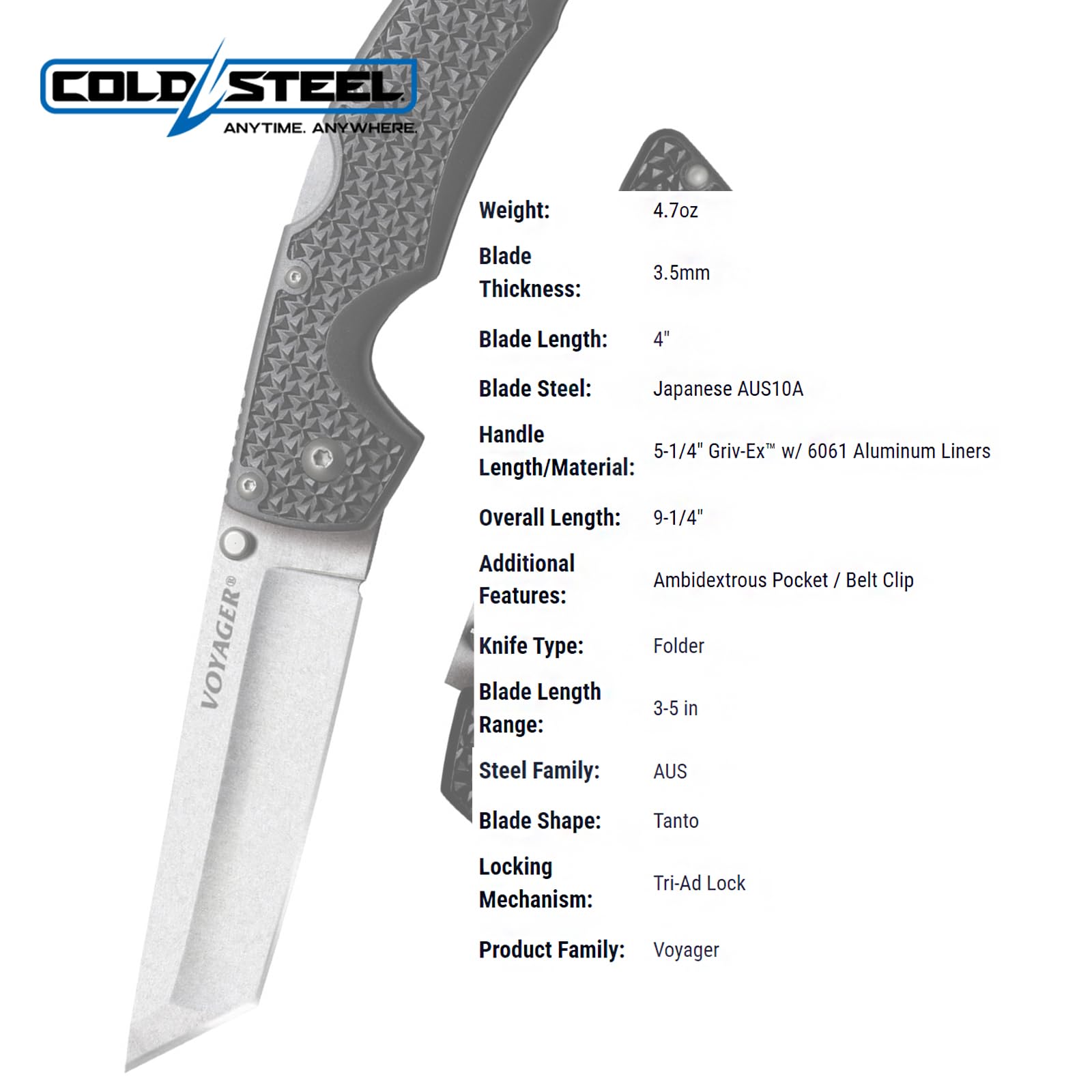 Cold Steel Large Voyager 4" AUS10A Tanto Point Razor-Sharp Blade 5.25" Griv-Ex Handle Everyday Carry Tactical Folding Knife w/Tri-Ad Lock