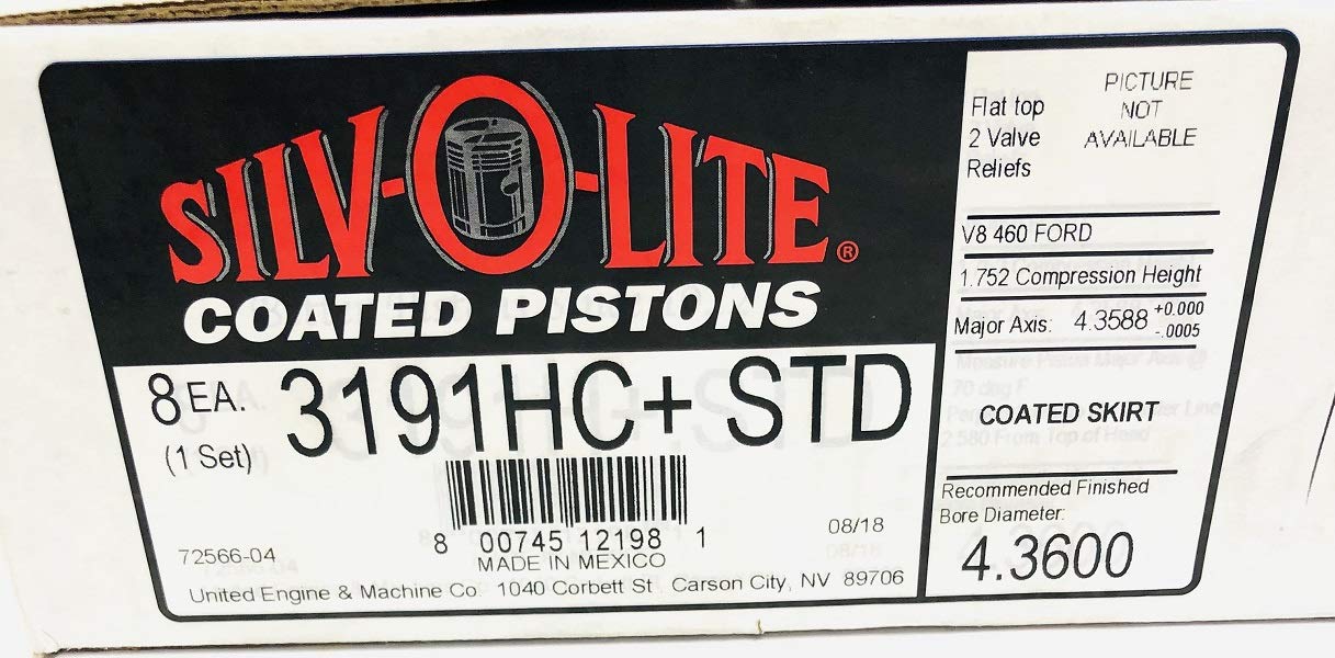 Hypereutectic Silvolite Flat Top Pistons compatible with Ford & Mercruiser 7.5L 460 engines (4.360" STD Bore Diameter)