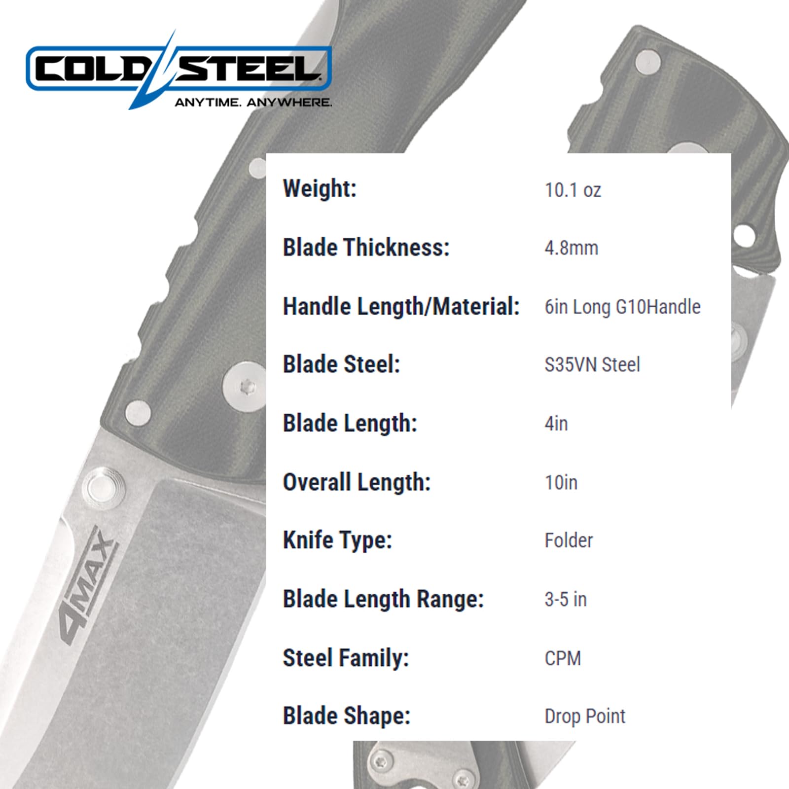 4-Max Elite COLD STEEL Tactical Pocket Folding Knife w/Tri-Ad Locking Mechanism and G-10 Handle Scales 4 in S35VN Steel Blade