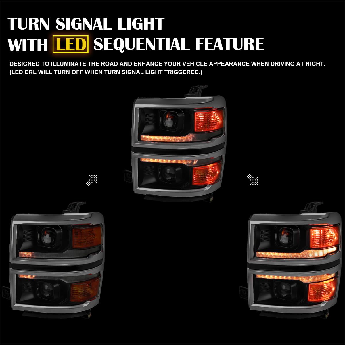 Black Smoke SPEC-D TUNING w/Silver Trim Projector Headlights w/Sequential Switchback LED Strip and Startup Animation Compatible with 2014-2015 Chevy Silverado 1500, Left + Right Pair Headlamps
