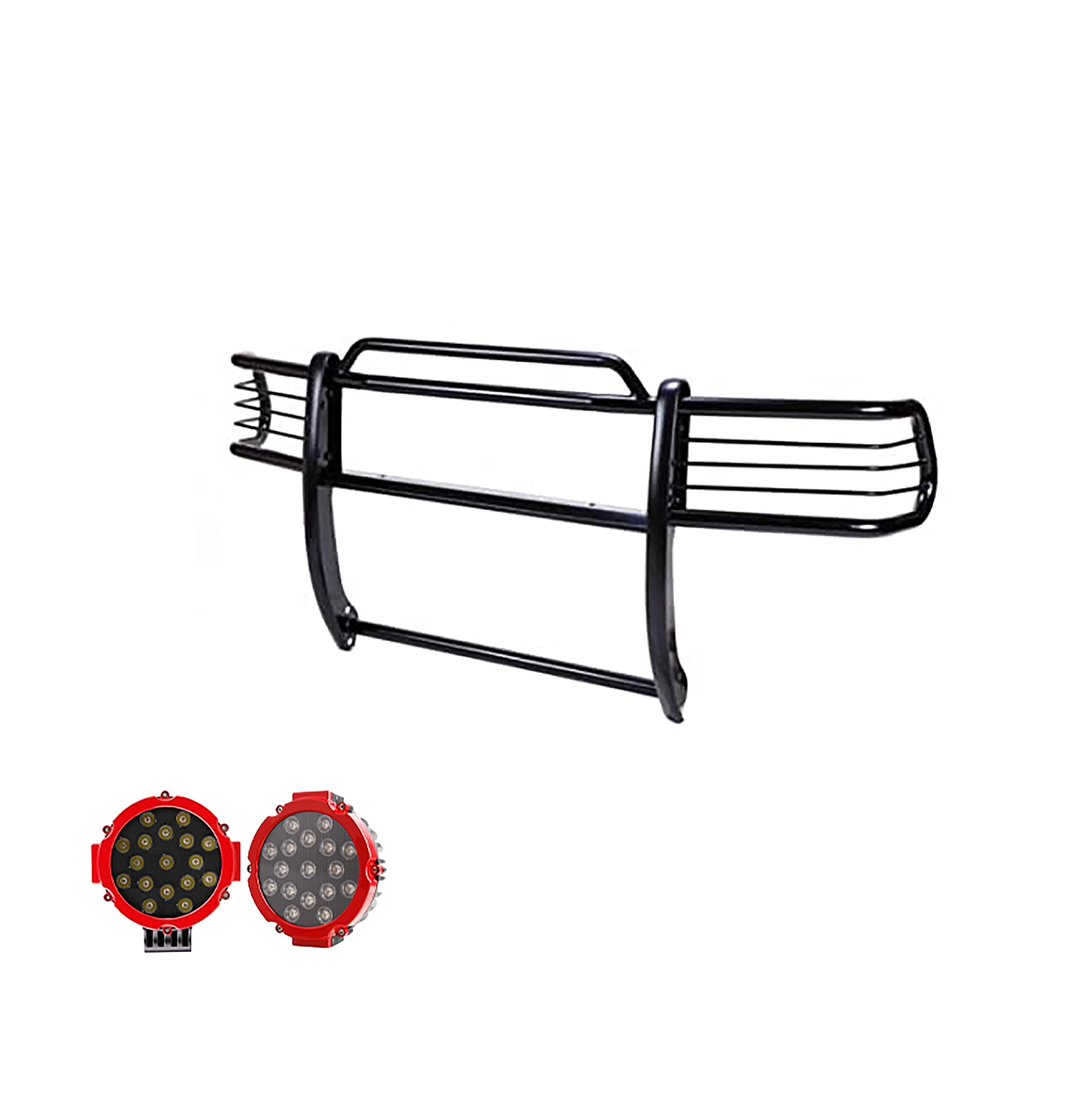 Bumper Guard Black Horse Grille brush Modular Come With pair of 7.0"Dia.LED Lights with Red Trim Rings Compatible with 2000-2004 Nissan Frontier|2000-2004 Nissan Xterra-17NI26MA-PLR