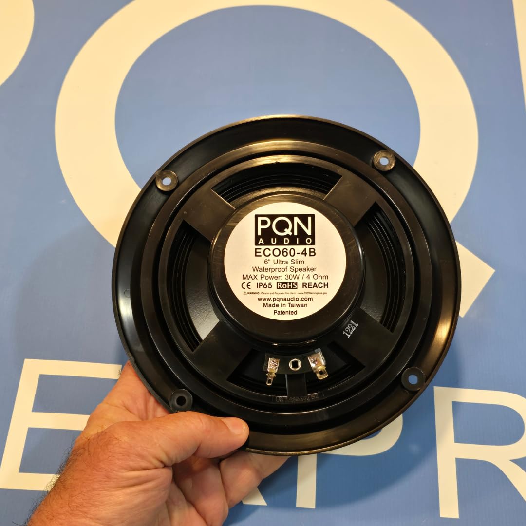 Eco60-4BK PQN Audio 6 inch Ultra Slim Waterproof Marine Speaker for RV, Camper, Cabinet and Golf Carts. Chemical and UV Resistant. Wall and Floor Mount Outdoor Speakers
