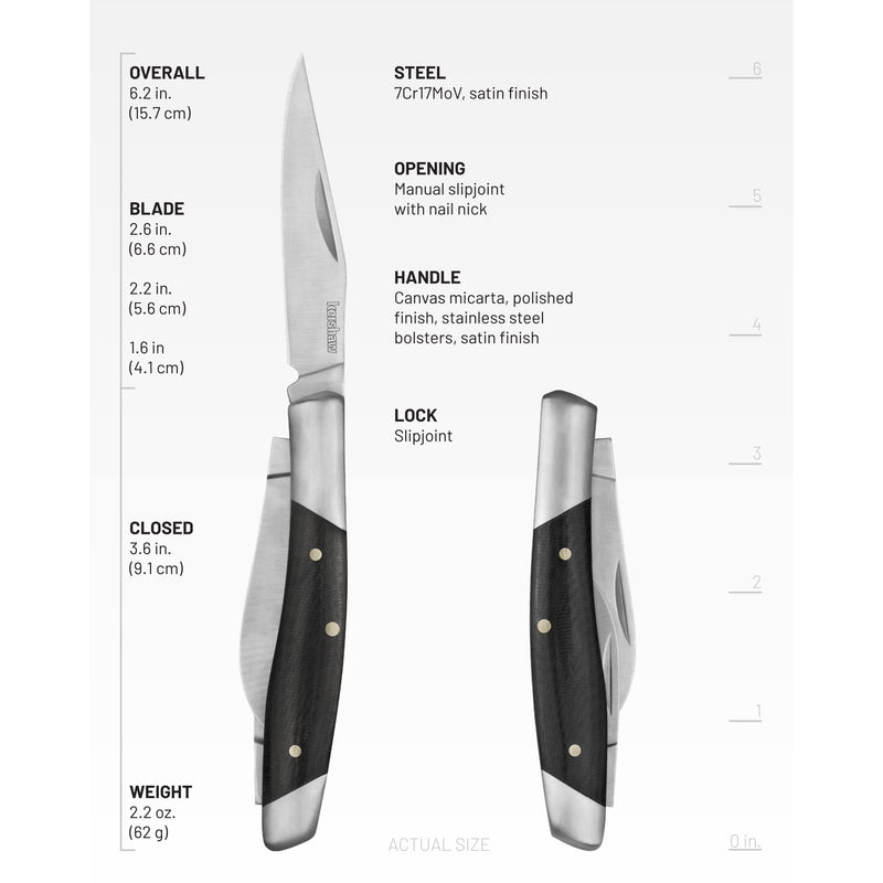 Kershaw Pocket Knife Iredale, Black and Gray, 6.2 Inch Total, 3 Blade Design with Clip Point and Sheepsfoot, EDC with Manual Opening, Micarta Handle, Everyday Carry Pocket Knife for Men and Women