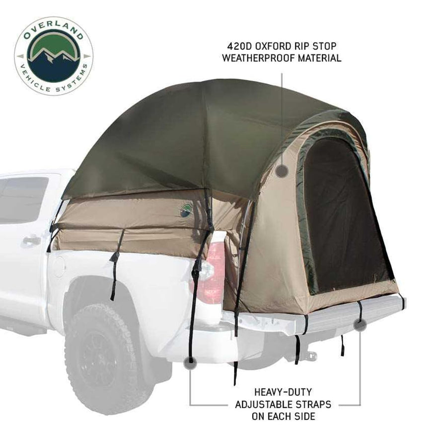 LD TACT Overland Vehicle Systems Truck Bed Tents - Tan Body & Green Rainfly 2-3 Person Tent (Mid-Size Truck - 5.0' Bed) - Premium 420D Material - Perimeter Skirt and Reinforced Floor