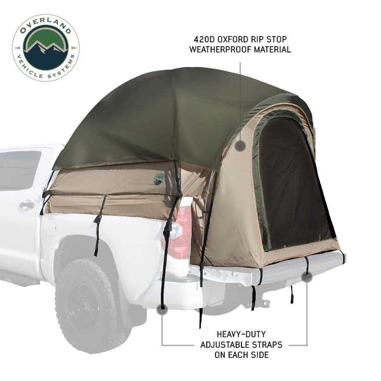 LD TACT Overland Vehicle Systems Truck Bed Tents - Tan Body & Green Rainfly 2-3 Person Tent (Full-Size Truck - 5.5' Bed) - Premium 420D Material - Perimeter Skirt and Reinforced Floor