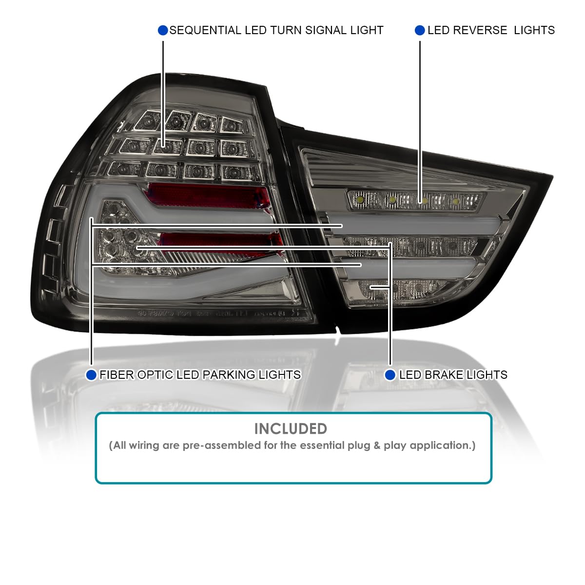 Full LED Chrome Smoke Tail Lights SPEC-D TUNING w/Fiber Optic Parking Light S and trip and Sequential Turn Signals Compatible with 2009-2011 BMW E90 3-Series