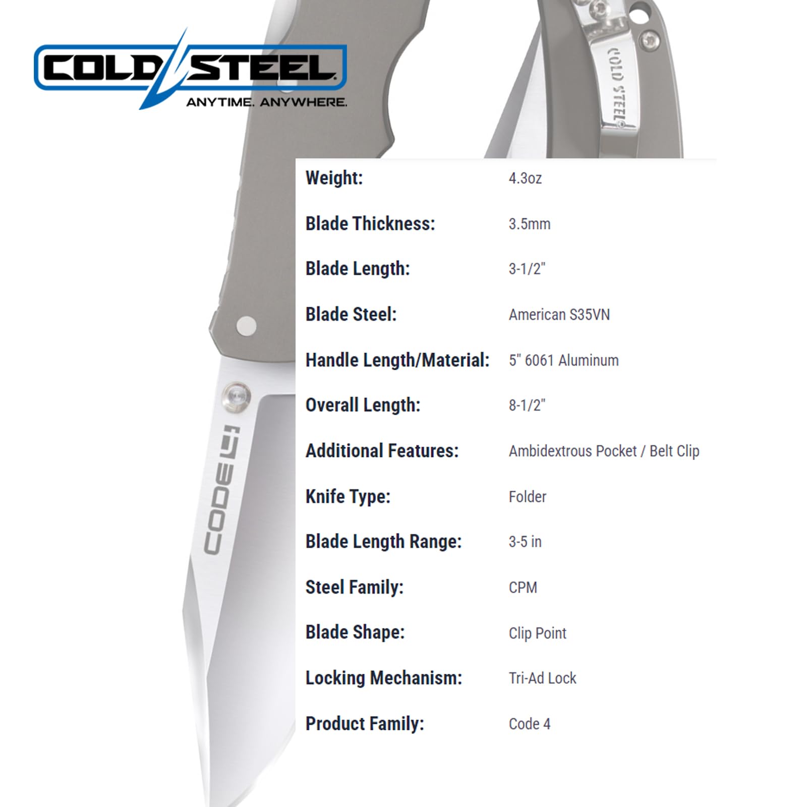Cold Steel 3.5" Code 4 S35VN Razor-Sharp Clip Point Blade 5" 6061 Aluminum Handle Folding Knife w/Tri-Ad Lock, Boxed