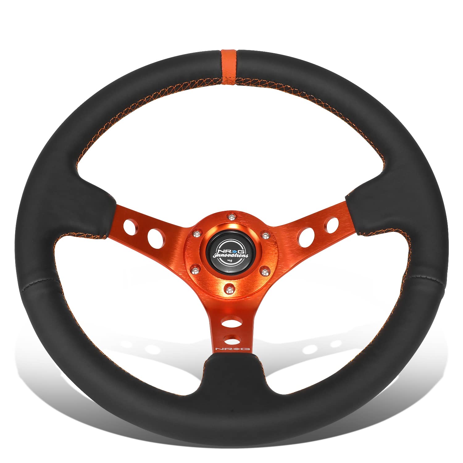NRG Innovations Reinforced NRG-RST-006OR Steering Wheel 350MM Sport Steering Wheel, Black Leather Orange Center Mark with Orange Stitching and Orange Center Spoke