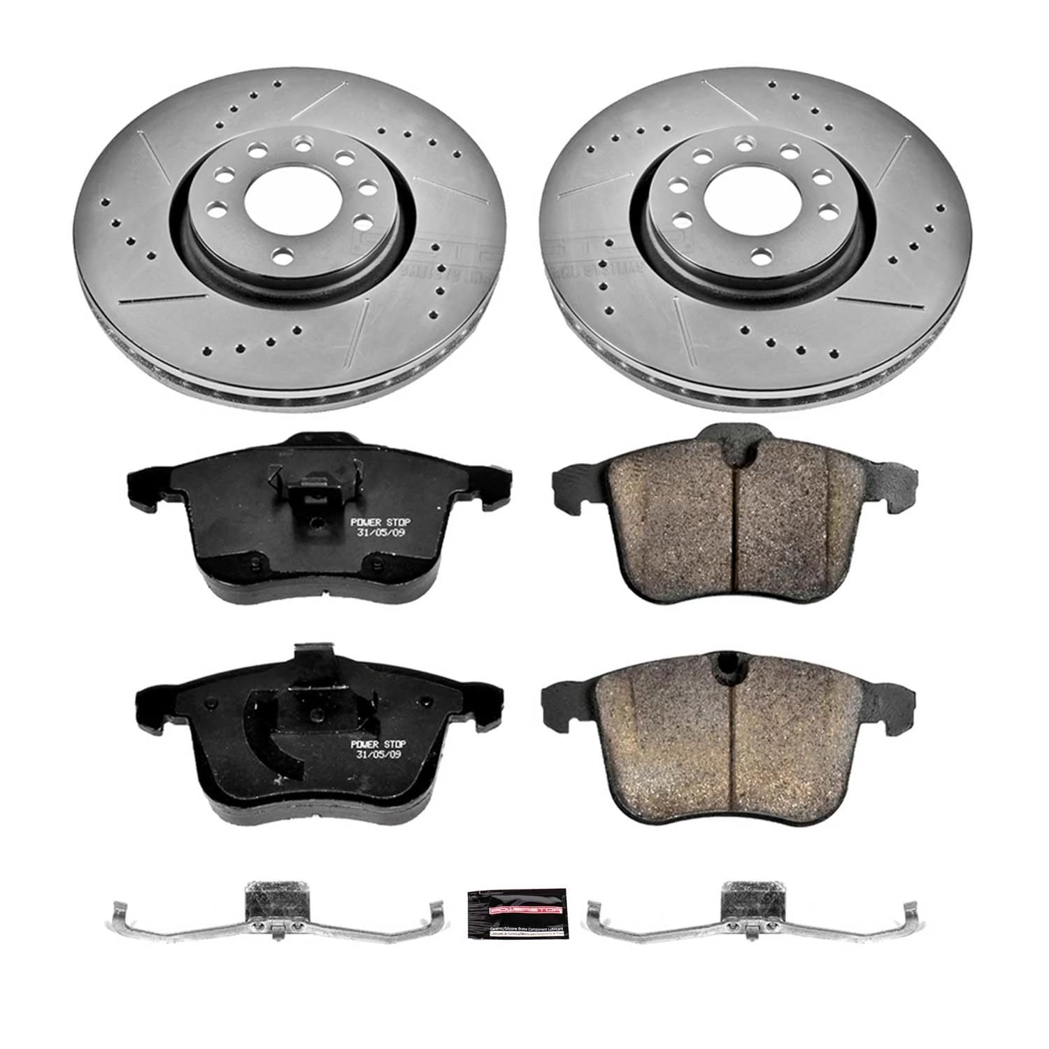 Power Stop K5349 Z23 Carbon Fiber Brake Pads with Drilled & Slotted Brake Rotors Kit For Saab 9-3 2003-2011, Saab 9-3X 2010-2011 [Model Specific]