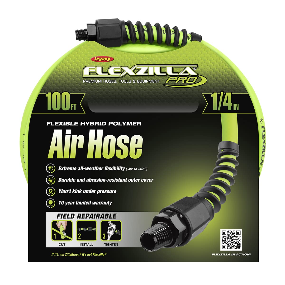 Flexzilla ZillaGreen HFZP14100YW2 Pro Air Hose 100 Feet | 1/4" Hose I.D. | All Weather Flexibility | Lightweight and Easy to Handle | Won't Kink Under Pressure