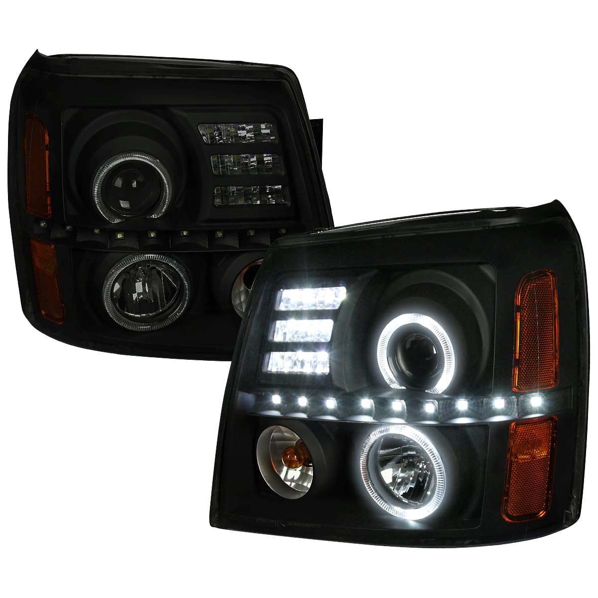 Black Smoke Halo Projector Headlights SPEC-D TUNING w/LED Compatible with 2002-2006 Cadillac Escalade All, Left + Right Pair Headlamps Assembly