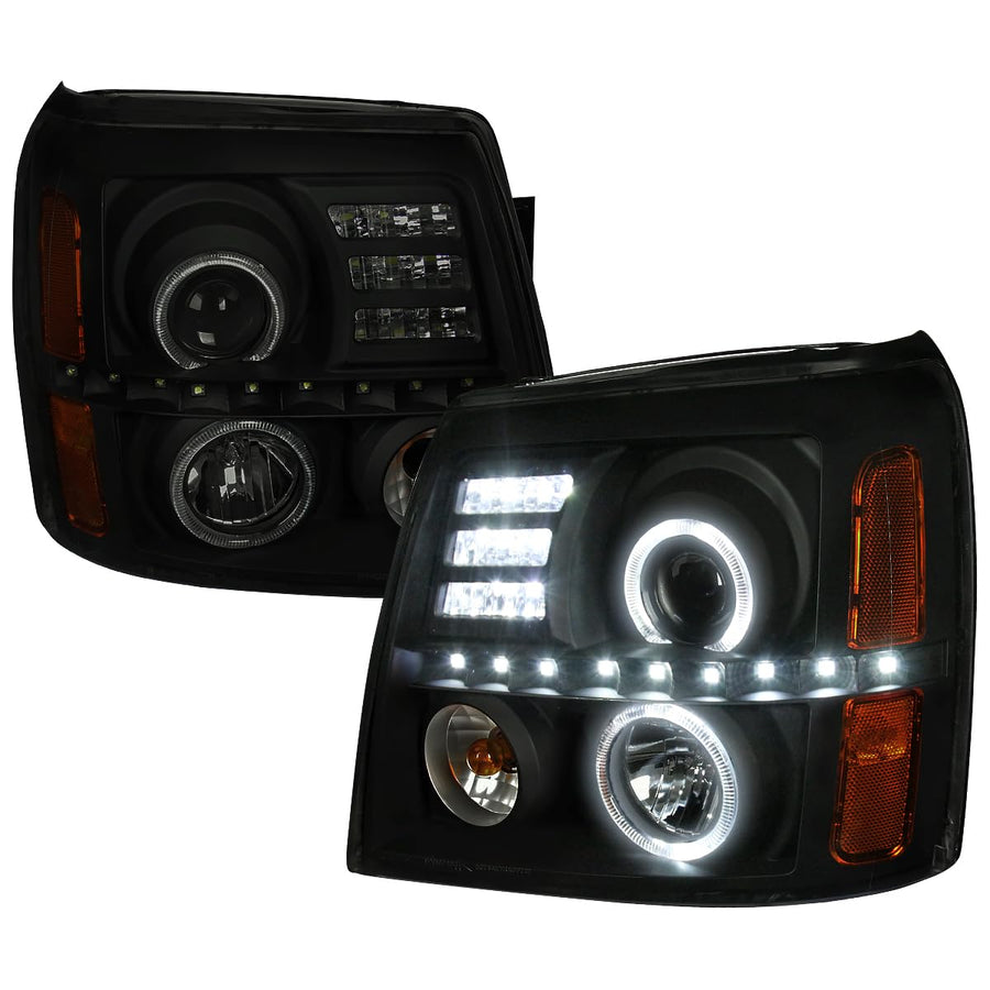 Black Smoke Halo Projector Headlights SPEC-D TUNING w/LED Compatible with 2002-2006 Cadillac Escalade All, Left + Right Pair Headlamps Assembly