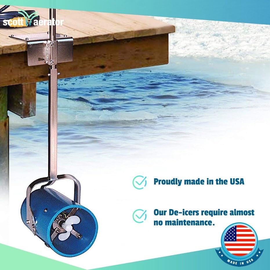 Aerator Scott De-Icer for Lakes & Ponds | 1 Horse Power 115V Stainless Steel | 25 ft. Electric Corded Cable Included with Dock Mount Assembly | Made in USA