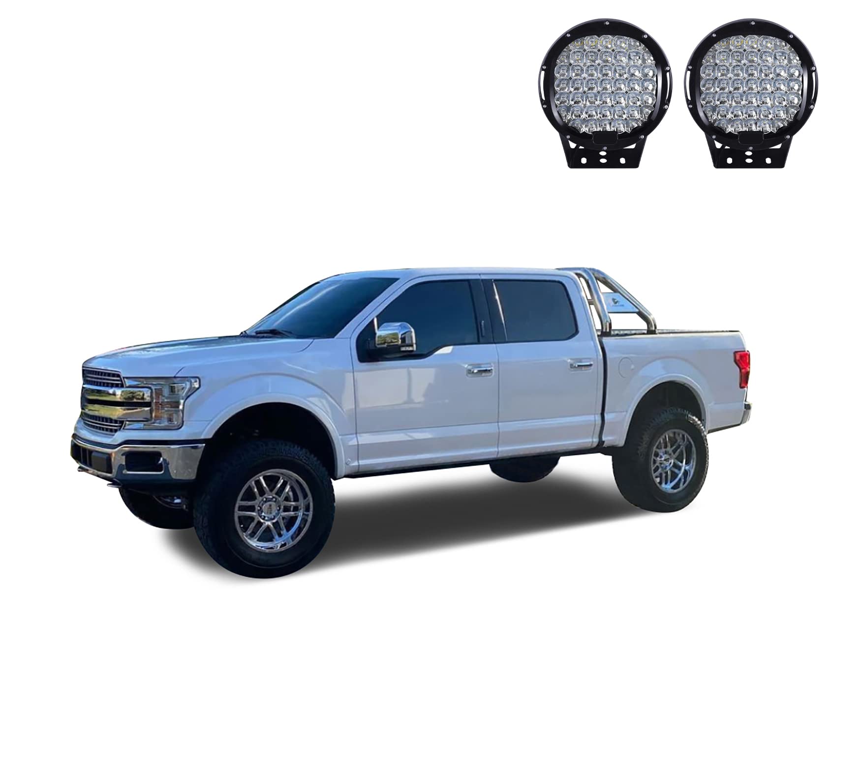 Classic Black Horse Roll Bar Incl.Set of 9 Black Round LED Light Stainless Steel Compatible with 17-24 Titan|00-24 Ram 2500/3500|01-24 Silverado/Sierra 1500/2500 HD|00-24 F-150|07-24 Tundra