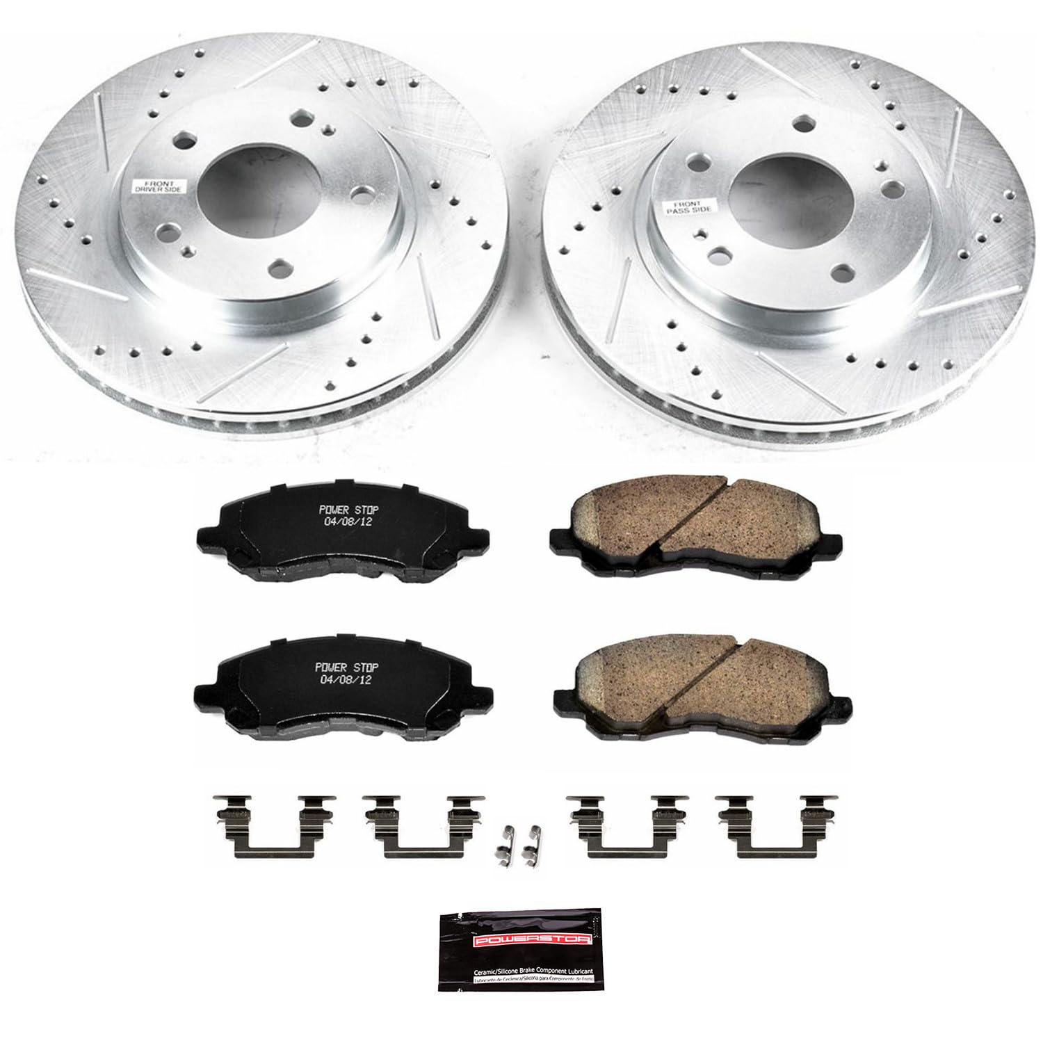 Power Stop K1678 Z23 Carbon Fiber Brake Pads Front with Drilled & Slotted Brake Rotors Kit For Sebring, Stratus, Eclipse, Galant, Lancer, Outlander [Model Specific]