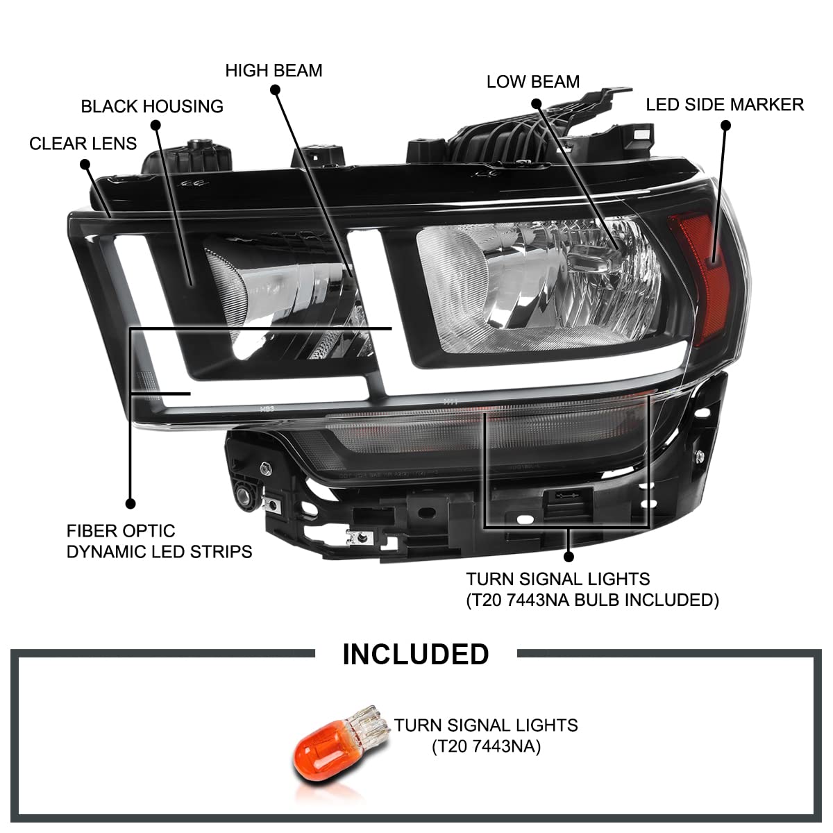 Black SPEC-D TUNING Headlights w/LED Tube Compatible with 2019-2024 Ram 2500/3500, Left + Right Pair Headlamp Assembly