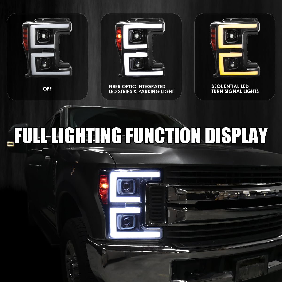 Black SPEC-D TUNING Projector Headlights w/LED Sequential Turn Signal Switchback Compatible with 2017-2019 Ford F-250, F-350, F-450, F-550 Super Duty, Left + Right Pair Headlamps Assembly
