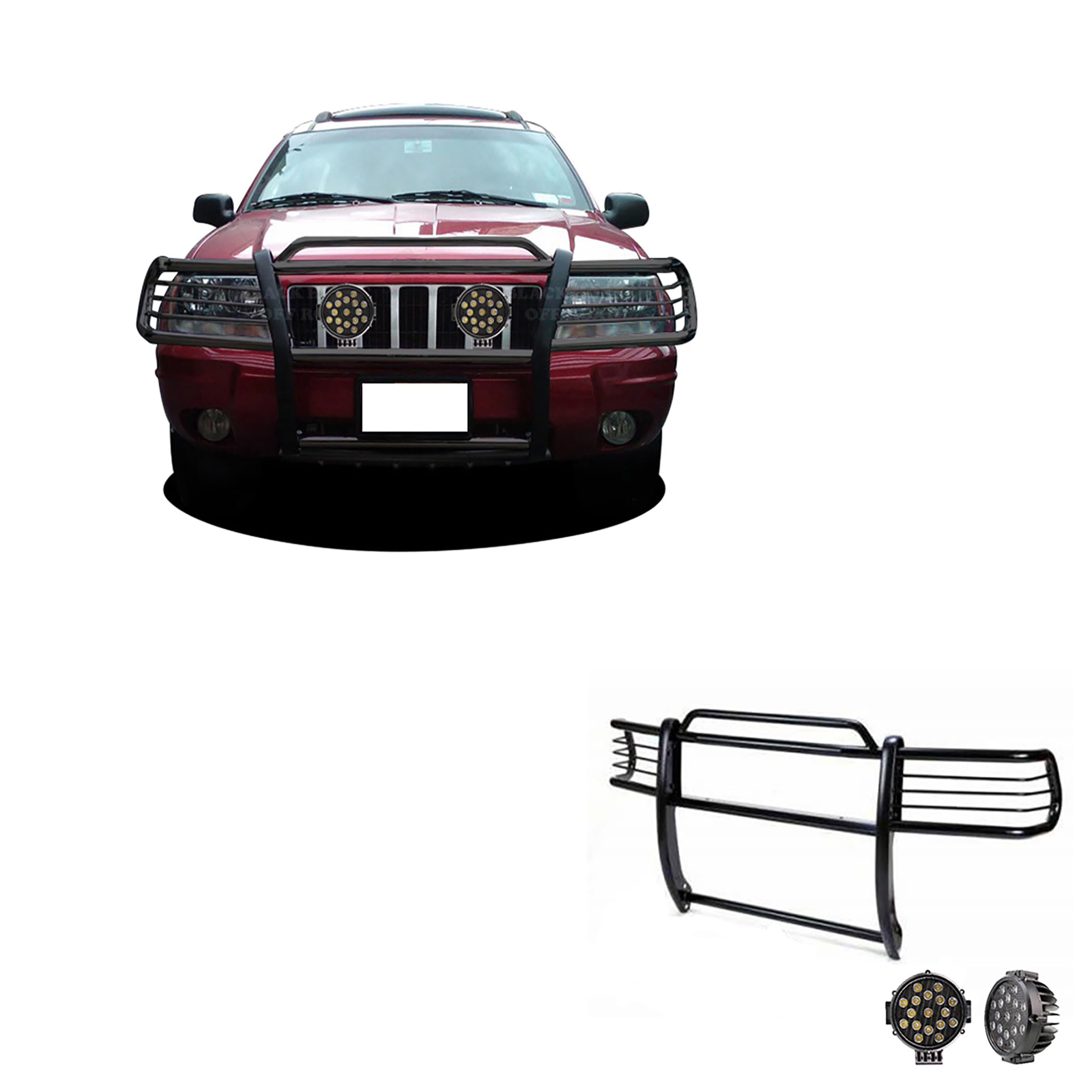 Bumper Guard Black Horse Grille Brush Modular Black Come with Pair of 7.0" Dia.LED Lights with Black Trim Rings Compatible with 1999-2004 Jeep Grand Cherokee-17EB26MA-PLB