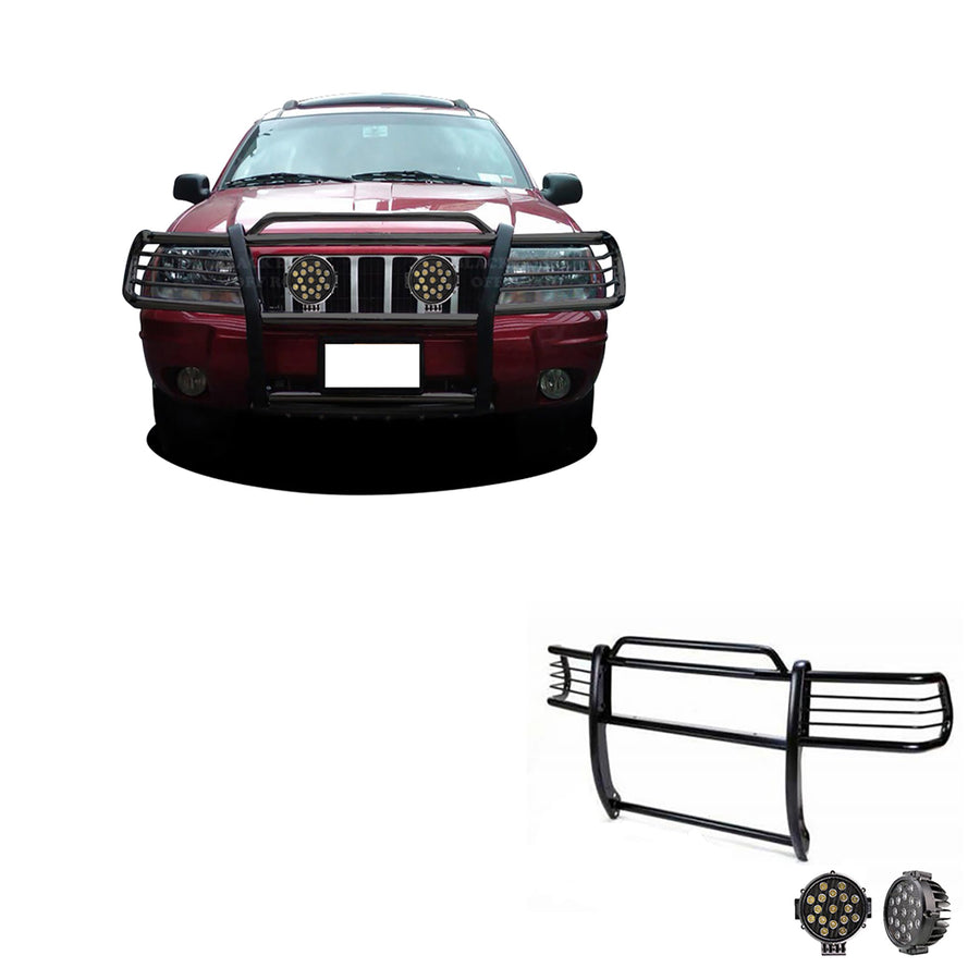 Bumper Guard Black Horse Grille Brush Modular Black Come with Pair of 7.0" Dia.LED Lights with Black Trim Rings Compatible with 1999-2004 Jeep Grand Cherokee-17EB26MA-PLB