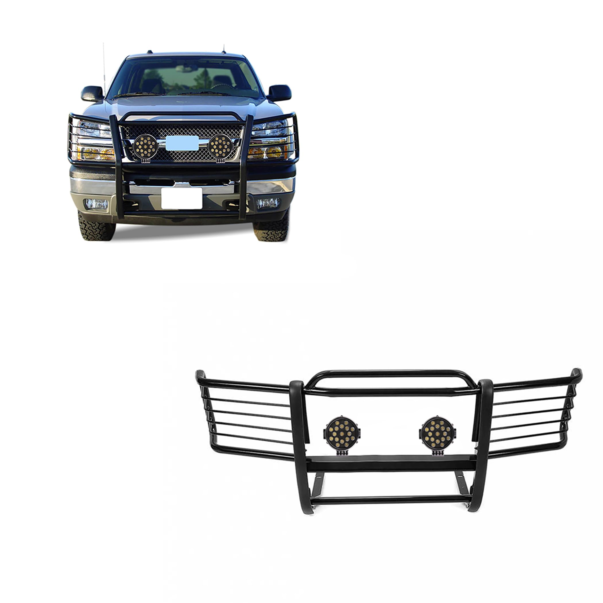 Bumper Guard Modular Black Horse Grille brush W/Set of 7.0"LED Lights Compatible with 92-94 K5 Blazer/S15 Jimmy|95-98 Silverado|99 Suburban 1500|95-99 Tahoe|88-98 Sierra 1500|92-99 Yukon-17GJ23MA-PLB