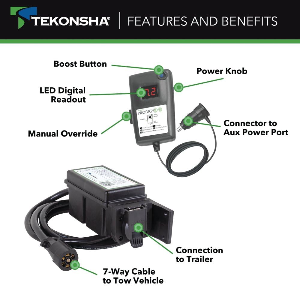 Tekonsha Prodigy RF Plug & Play Trailer Mounted Proportional Brake Controller for Trailers with 1-3 Axles, Brake Controller Wiring Harness Sold Separately.
