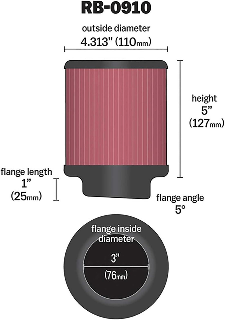 High-Flow K&N Original Lifetime Universal Clamp-On Air Filter: High Performance, Premium, Washable: Flange Diameter: 3 In, Filter Height: 5 In, Flange Length: 1 In, Shape: Round, RB-0910