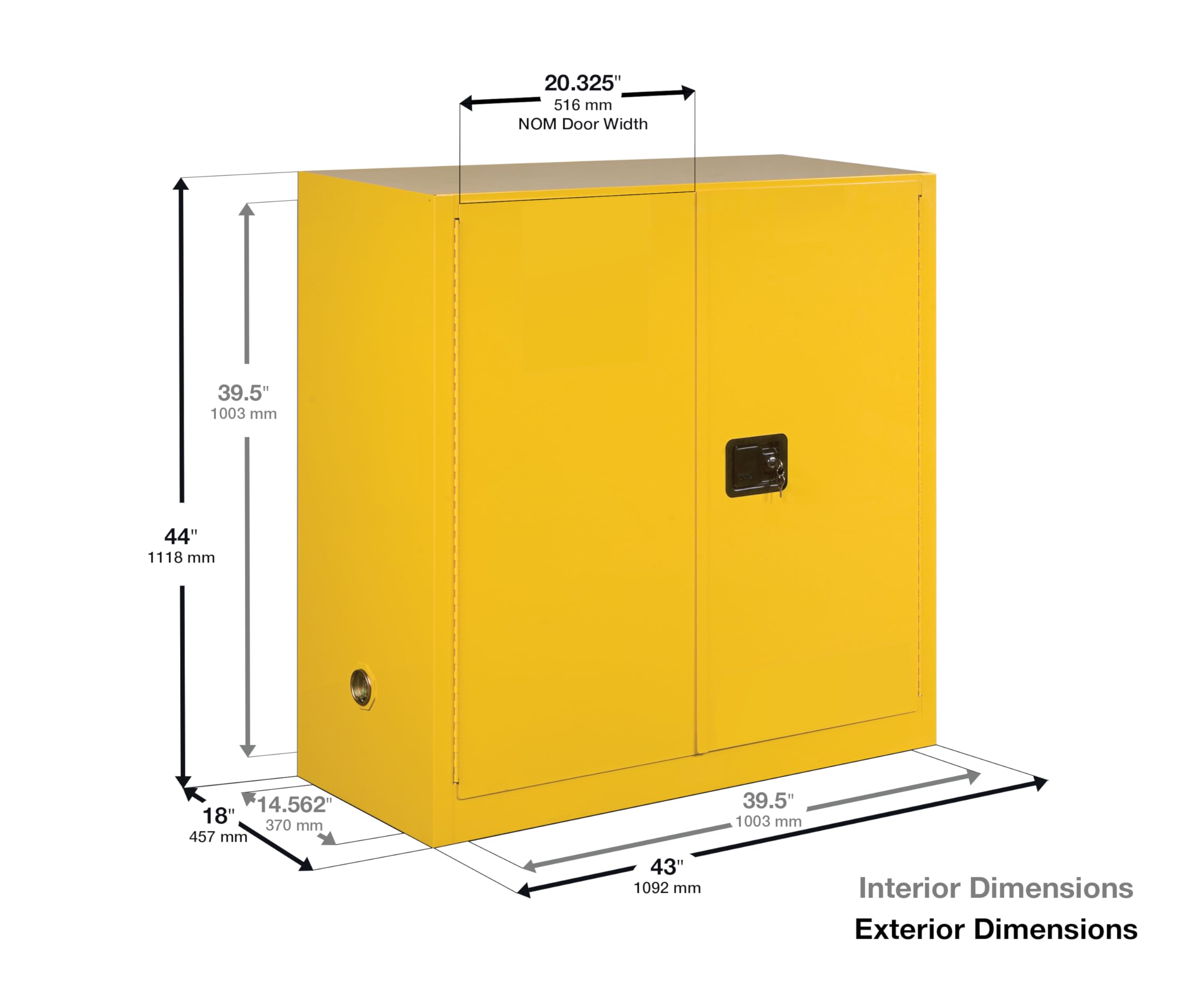 Justrite 30 Gallon Flammable Storage Cabinet Manual Close, 18 Gauge Steel, 1 Shelf, 2 Door Fire Cabinet, 44" x 43" x 18", Made in The USA, Red, 893001