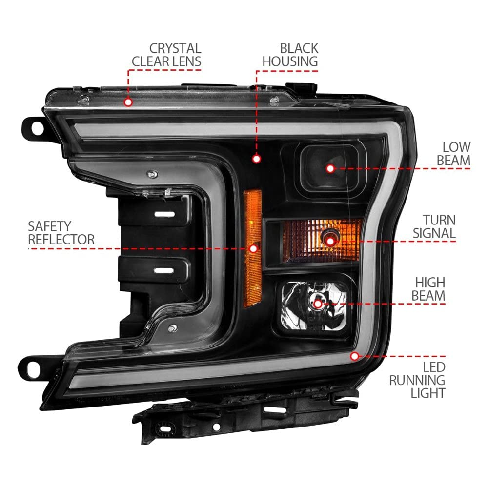 2018-2020 Ford F-150 ANZO (111509) Projector Headlight w/Plank Style Switchback Black Housing