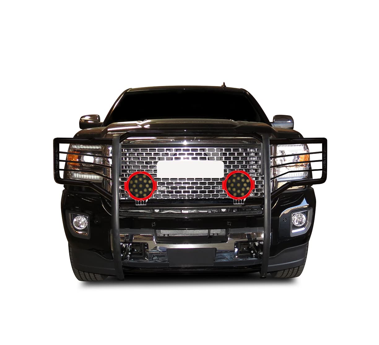 Bumper Guard Black Horse Grille brush Modular Come With pair of 7.0"Dia.LED Lights with Red Trim Rings Compatible with 2015-2019 GMC Sierra 2500 HD|2015-2019 GMC Sierra 3500 HD-17GS14MA-PLR