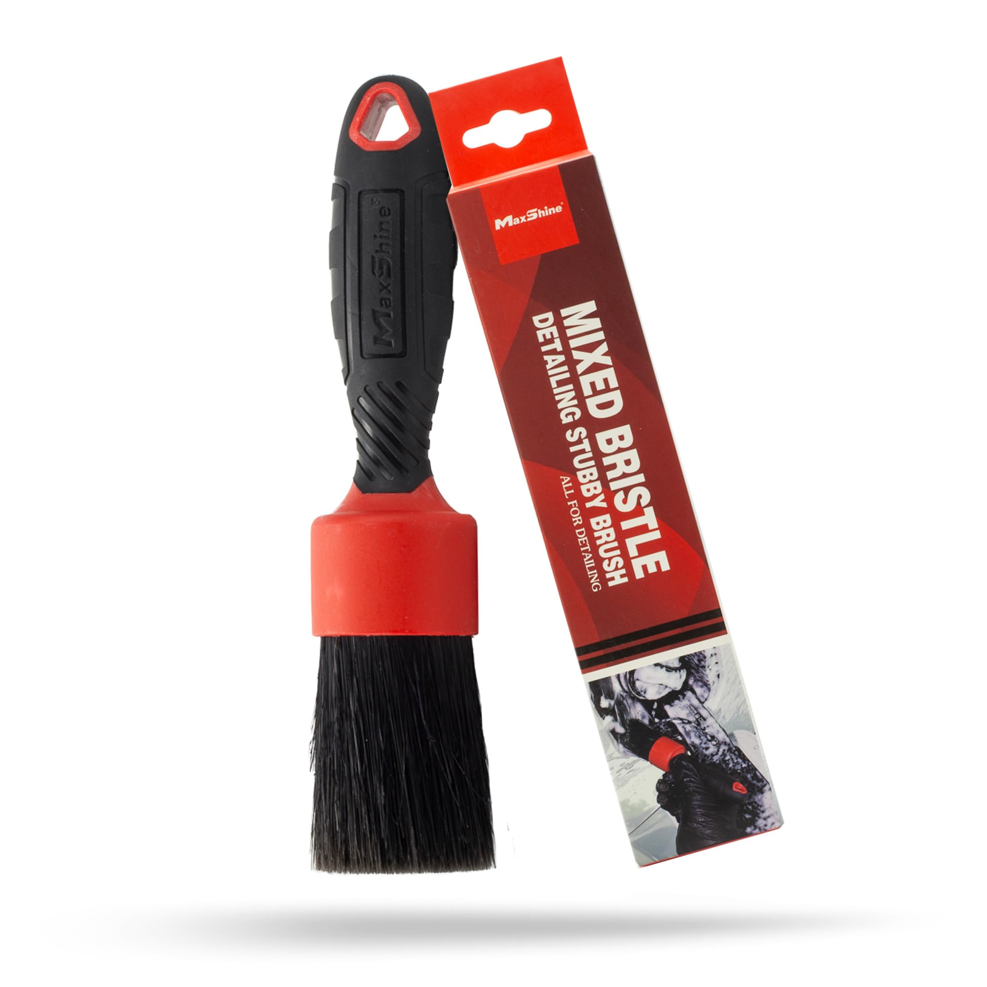 Maxshine Boar Hair Stubby Detailing Brush - Premium Detail Brush with 100% Natural Boar Hair Mixed Fiber for Auto Detailing, Wheels, Engine, Interior, Air Vents Cleaning - Bestselling Tool - Red