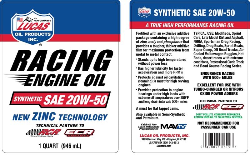 Synthetic Lucas Oil 10615 Racing Only SAE 20W-50 Engine Oil - 1 Quart